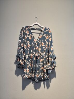 Jessica Simpson Blue Floral V-Neck Tie-Waist Tunic